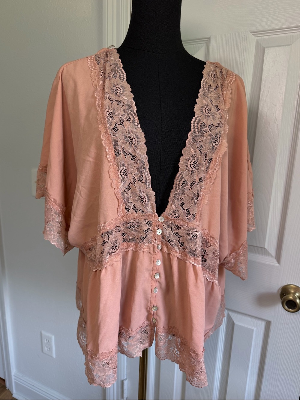 Impressions 3X Blush Pink Lace Kimono Cardigan Boho Bell